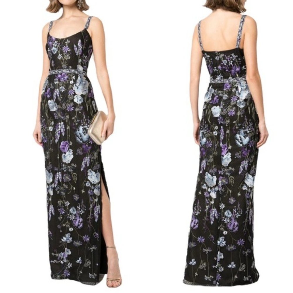Marchesa Notte Floral Embroidered Scoop Neck Slim Column Gown Size 2 NWT